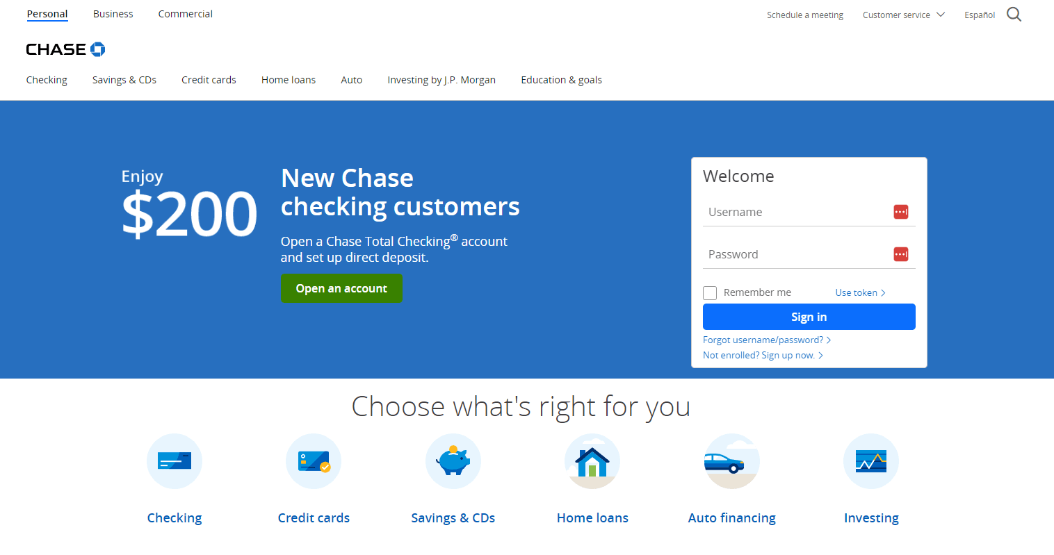 Banks that don't use chexsystems: Chase homepage