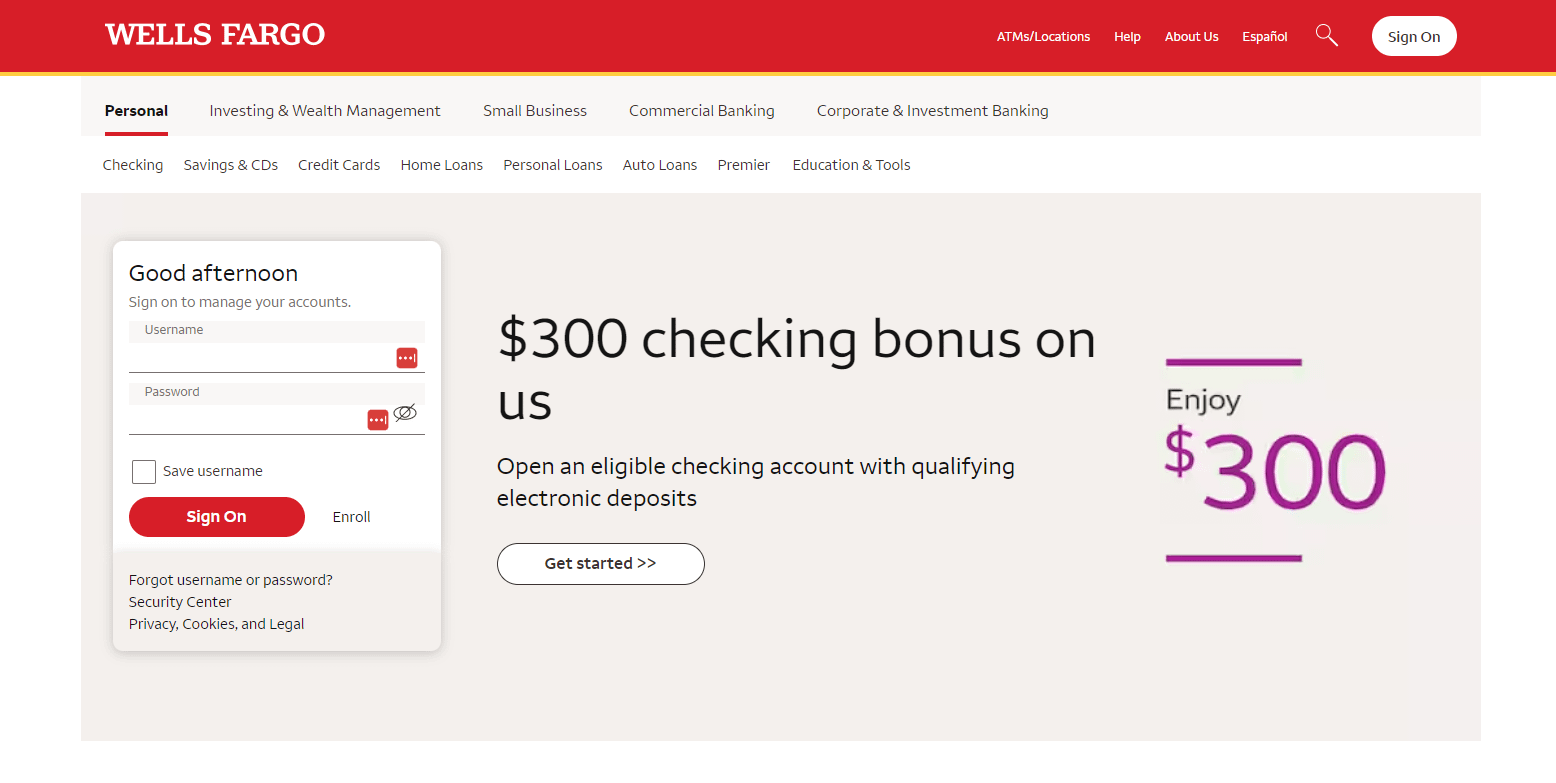 Banks that don't use chexsystems: Wells Fargo homepage