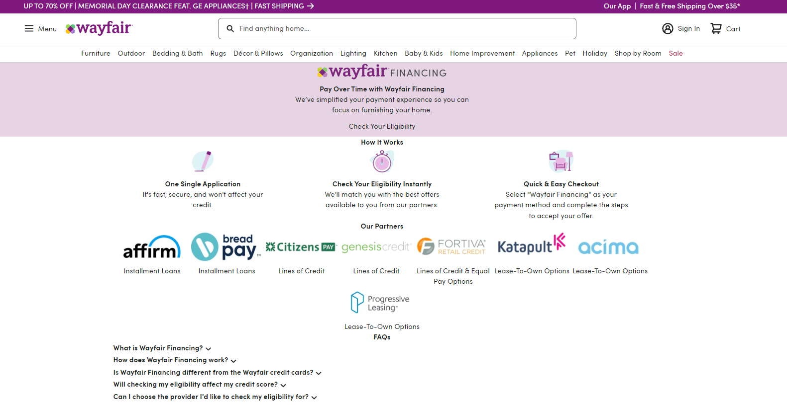 Wayfair - Financing page