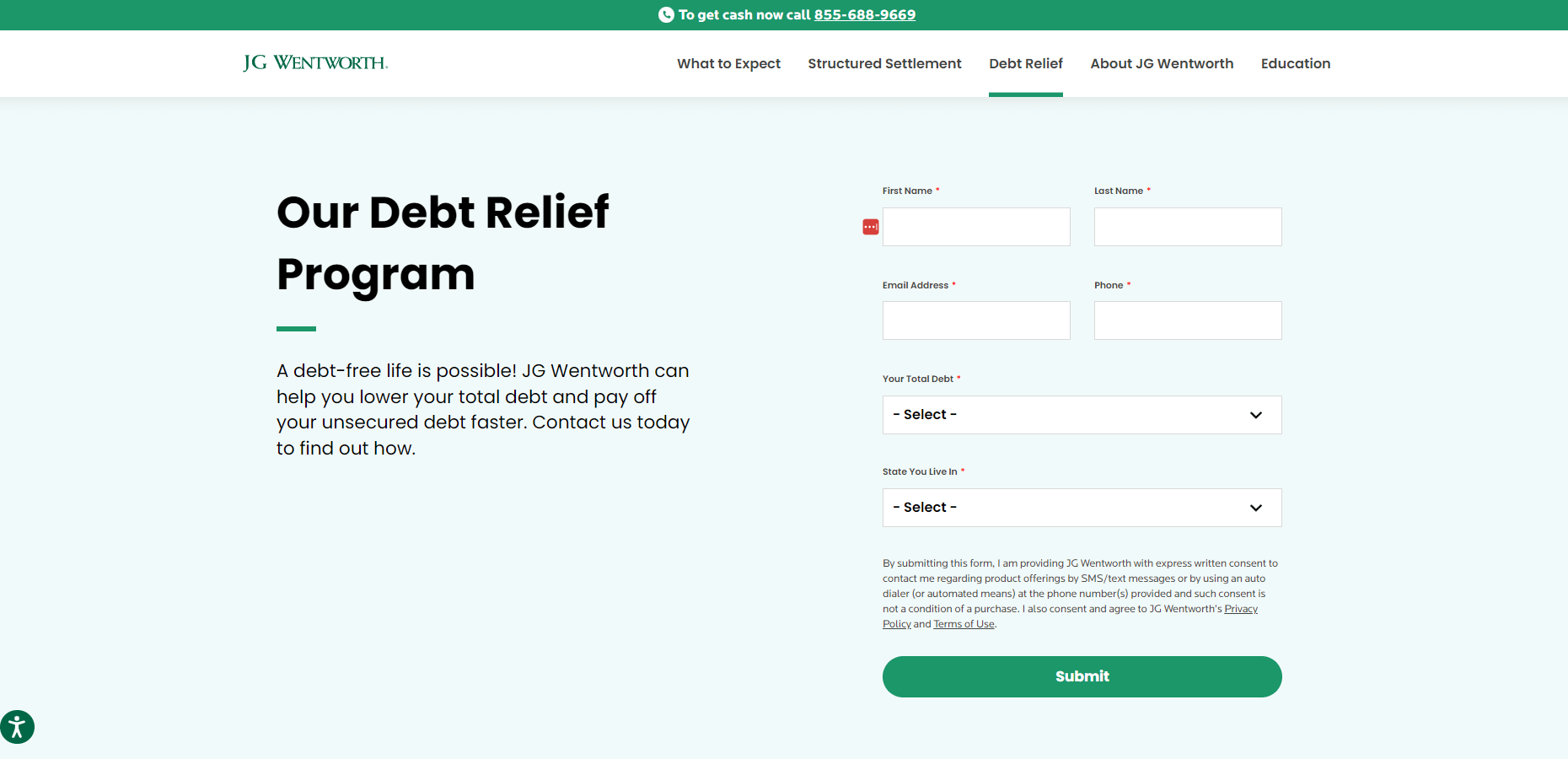JG Wentworth debt relief page