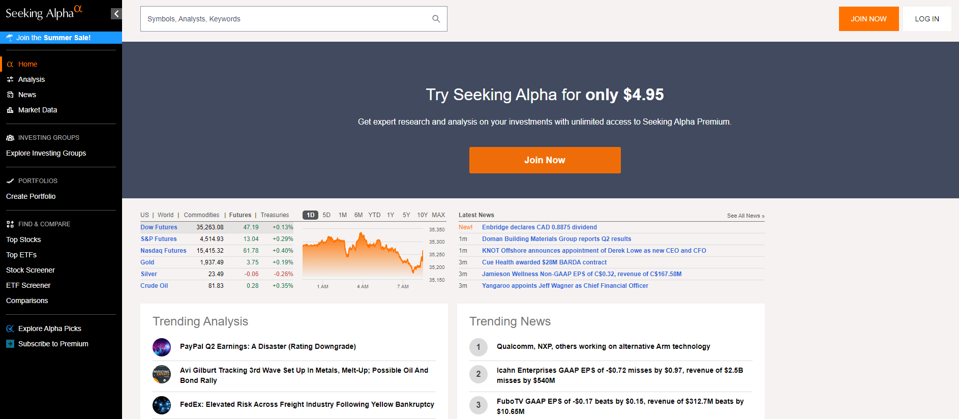 Seeking Alpha homepage