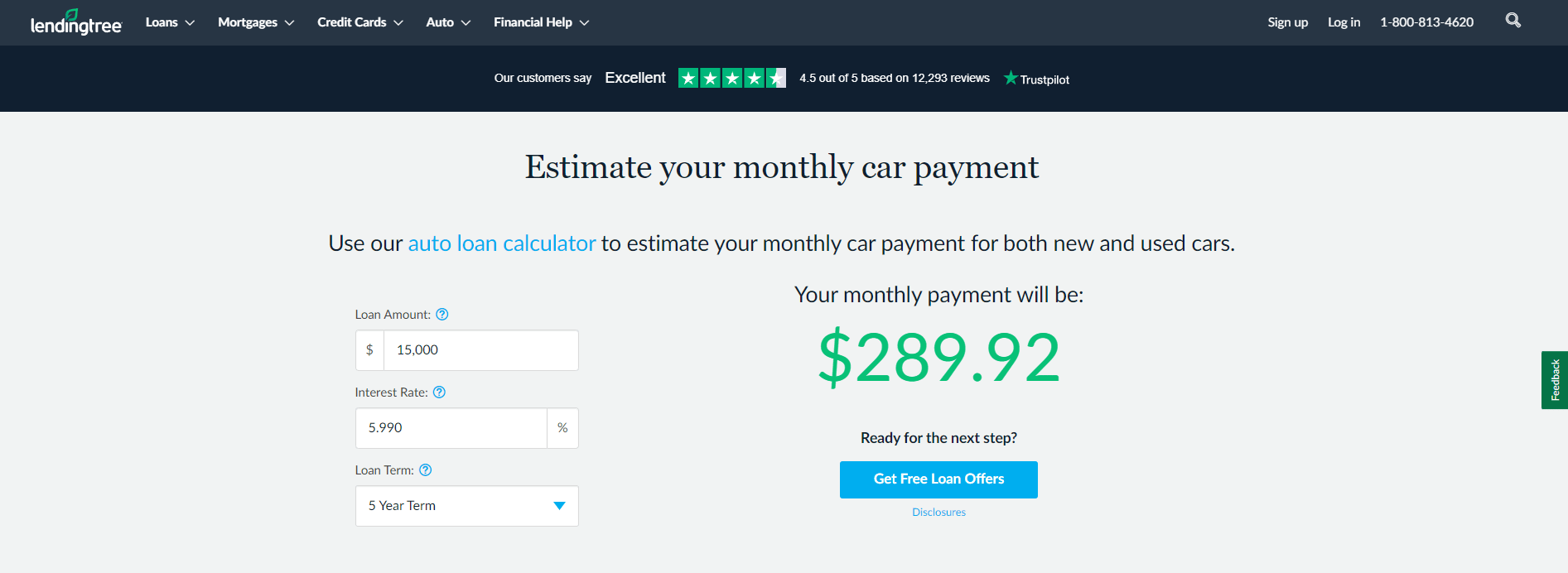 Lending Tree auto loan page