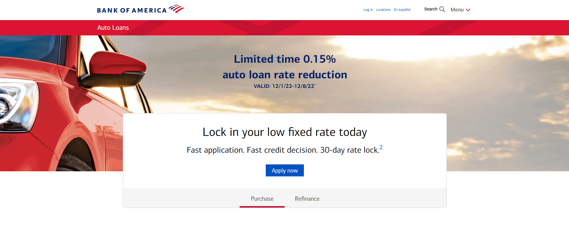 Bank of America auto loan page