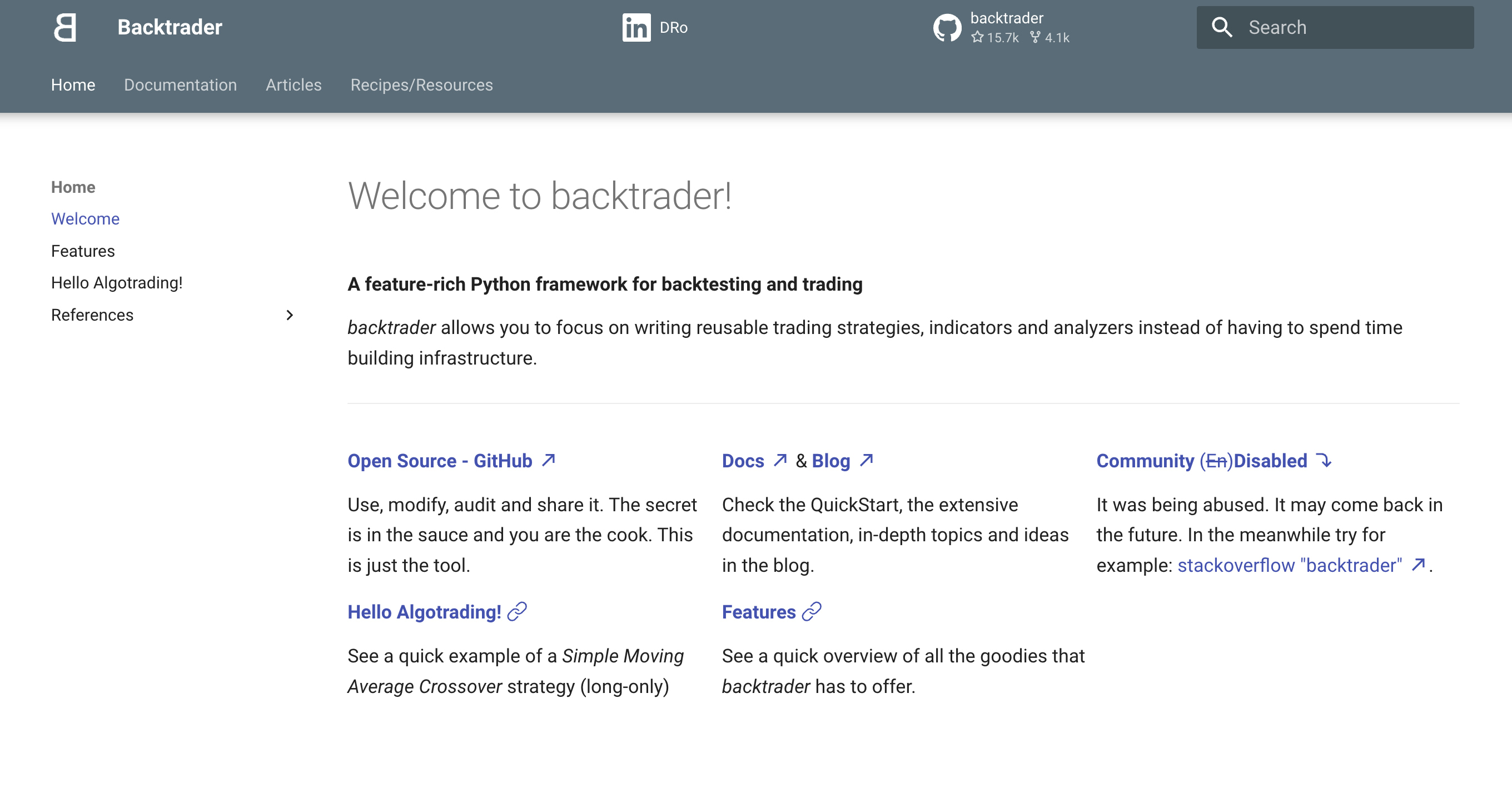 Backtrader homepage.