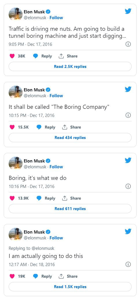 Elon Musk's tweets about "The Boring Company"