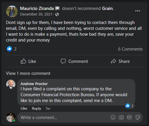 Grain customer review from Facebook