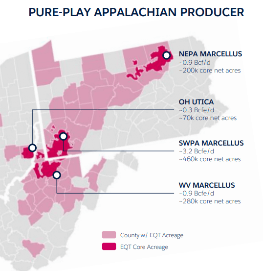 Map of EQT Corporation production - EQT Acreage