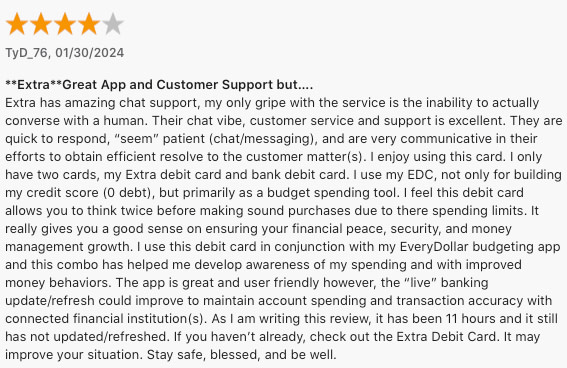 Extra debit card positive customer review