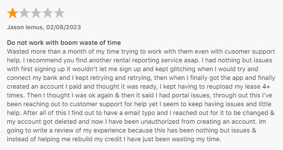 Boom customer review complaining about account setup problems