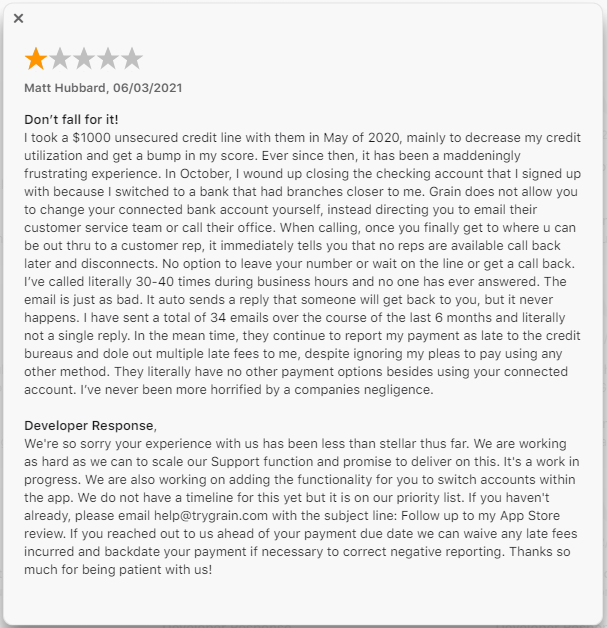 Grain negative customer review