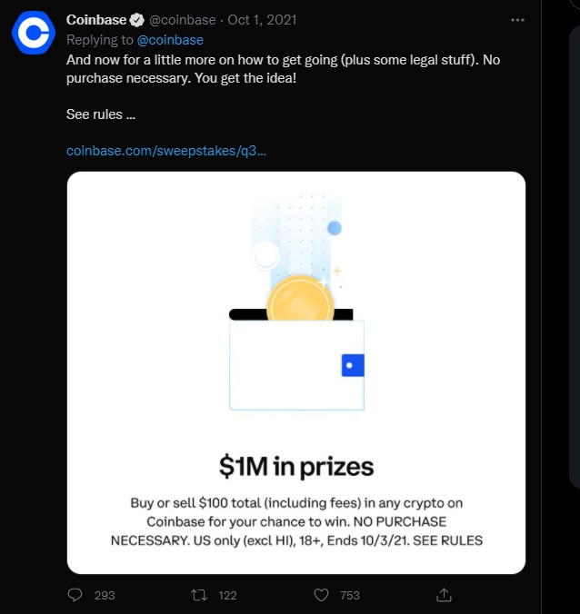 Coinbase announcing a sweepstakes on Twitter