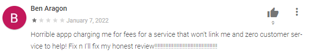 Negative customer review on Google Play