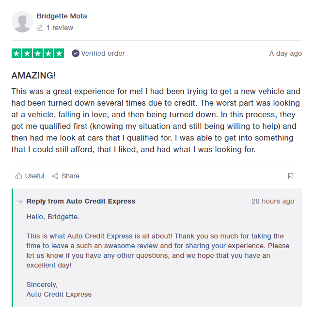 Auto Credit Express positive user review from Trustpilot