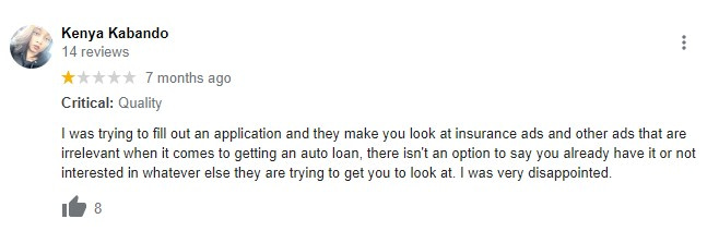 Auto Credit Express negative customer review complaining about too much ads