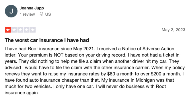 Root Insurance negative review on Trust Pilot 