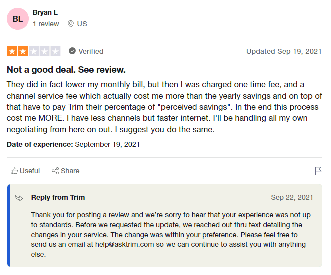 Negative Trim review on Trustpilot