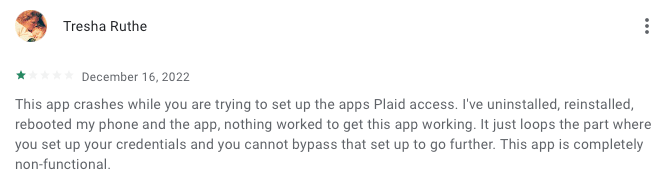 Grow Credit negative customer review complaining about app.