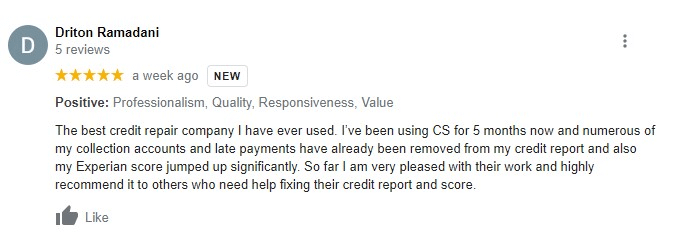 An example of a positive review of Credit Saint from Google reviews