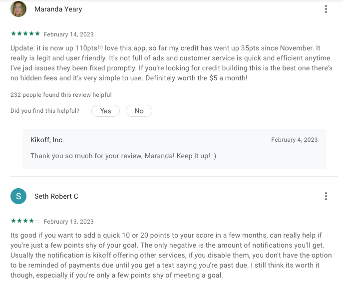 Kikoff positive reviews on Google Play Store