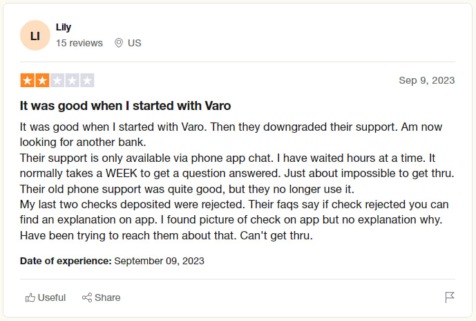 Negative review of Varo on TrustPilot
