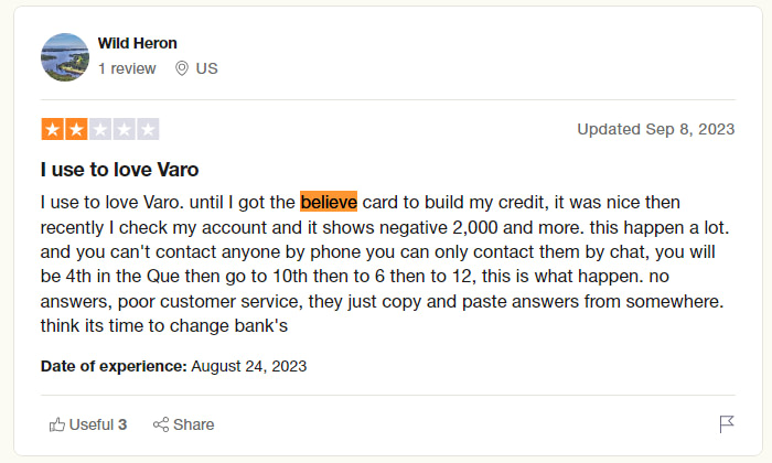 Varo Believe Card Review: Negative review of Varo on TrustPilot