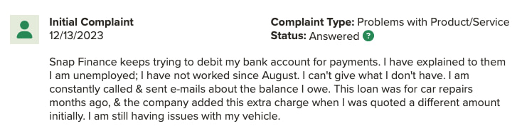 Snap Finance BBB Complaint