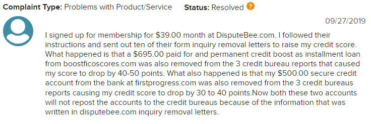 Complaint about product/service that was resolved with DisputeBee's customer service