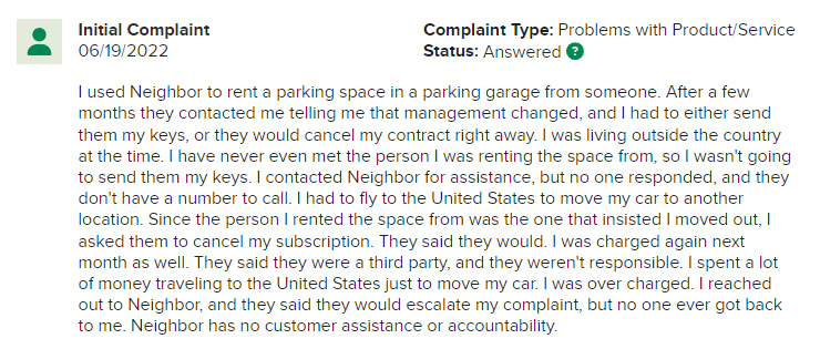 Customer complaint of Neighbor.com on BBB