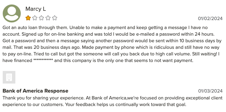 Bank of America BBB Negative review