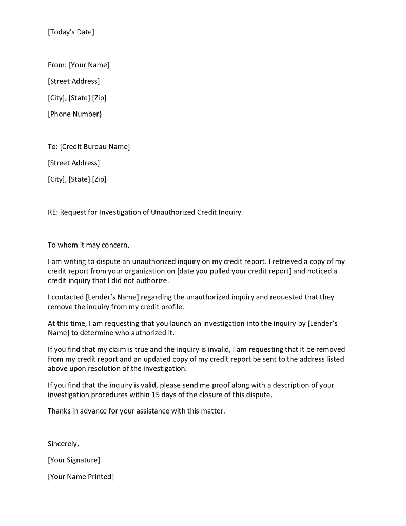 Dispute Credit Inquiry Removal Letter Template