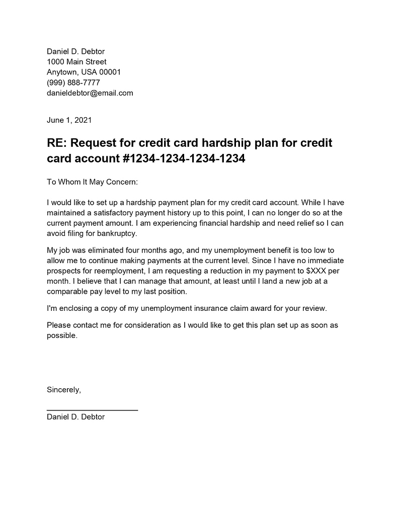 Credit card hardship letter sample