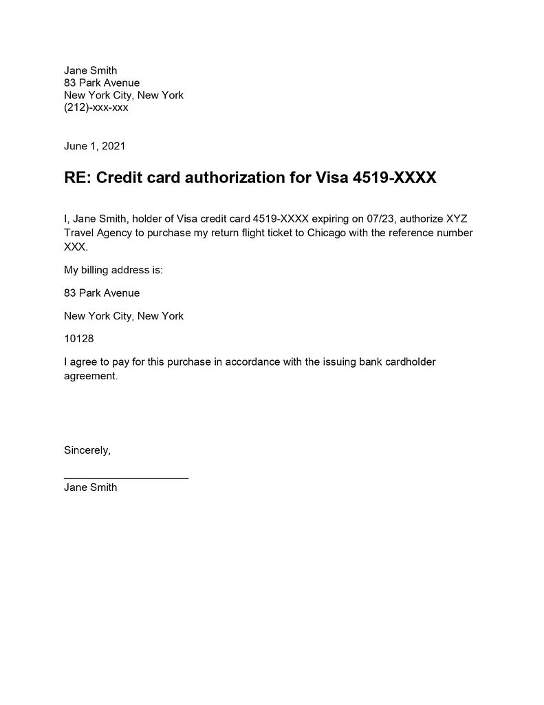 Credit card authorization letter sample