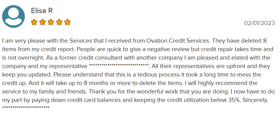 Positive review of Ovation Credit Repair on BBB