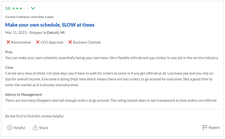 Shipt negative review on glassdoor.com