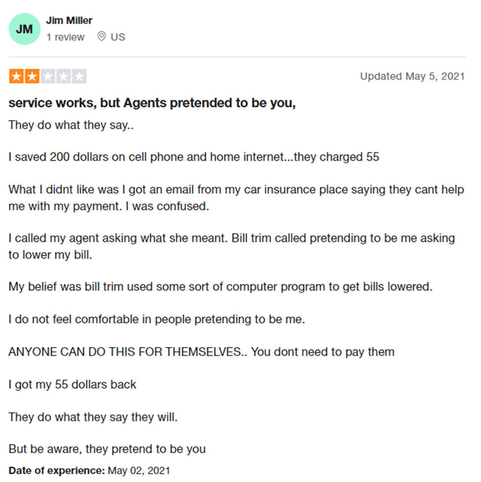 Negative customer review of BillTrim on Trustpilot