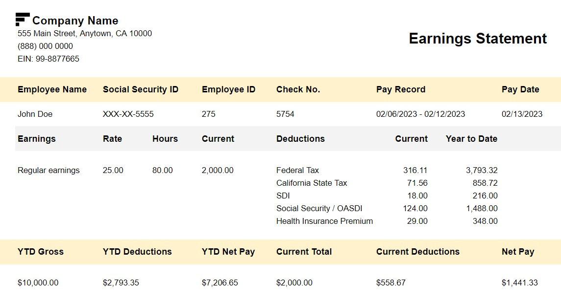 Paystub example