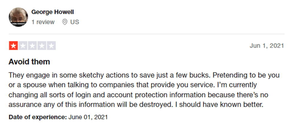 Negative customer review of BillTrim on Trustpilot