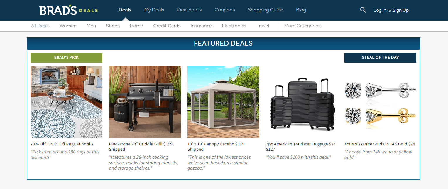 Brads Deals homepage