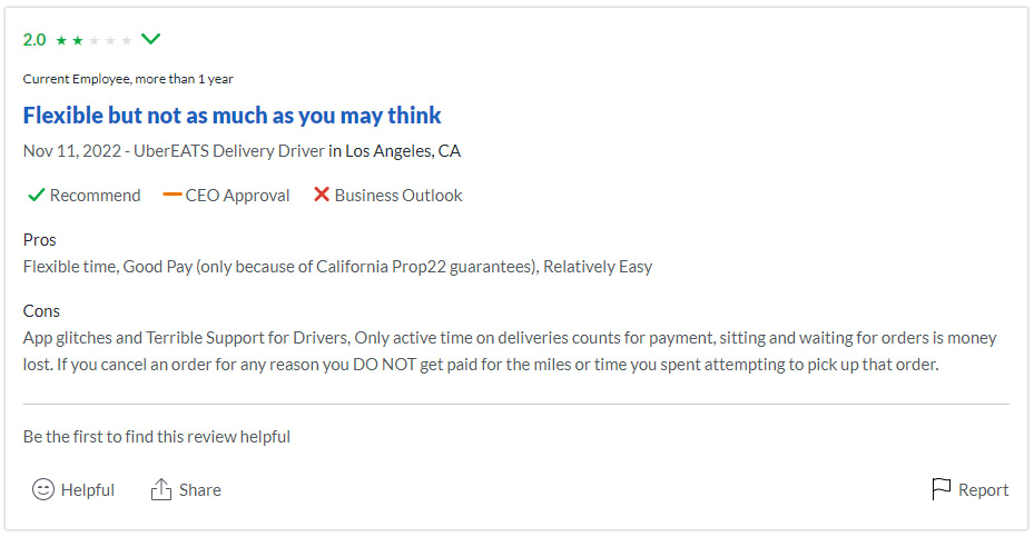 Uber Eats negative review on glassdoor.com