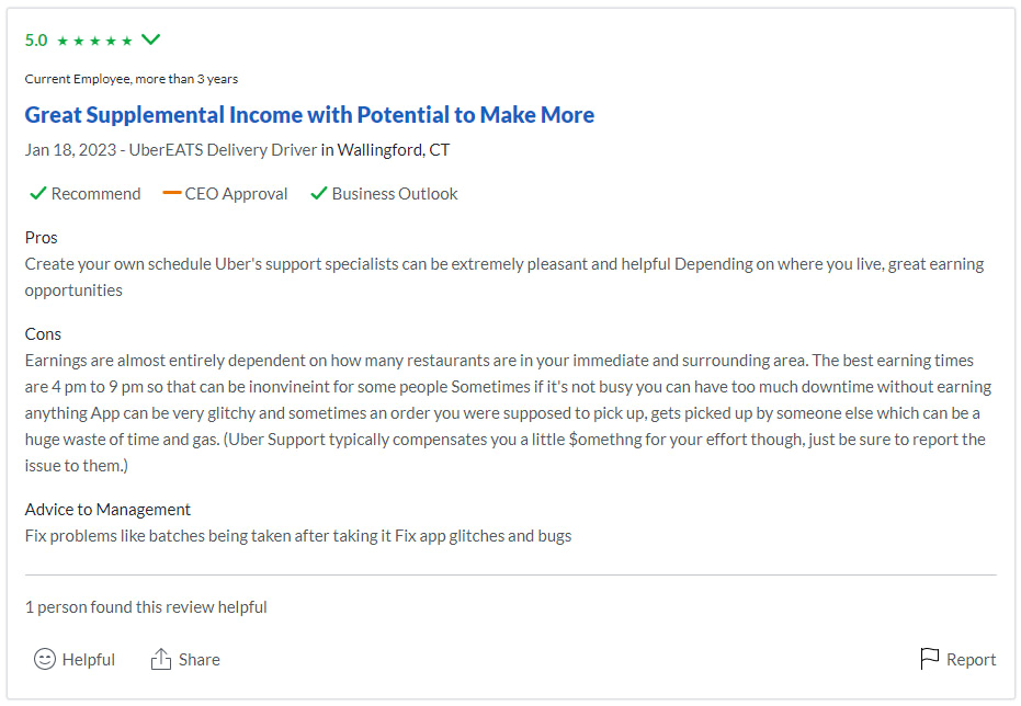 Uber Eats positive review on glassdoor.com