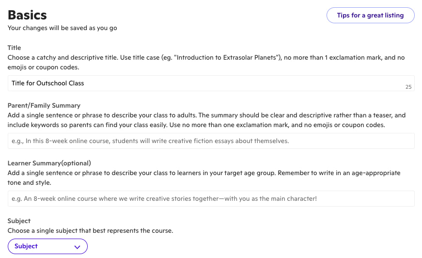 Creating your first class basics - Outschool