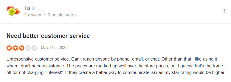 Perpay negative customer review SiteJabber