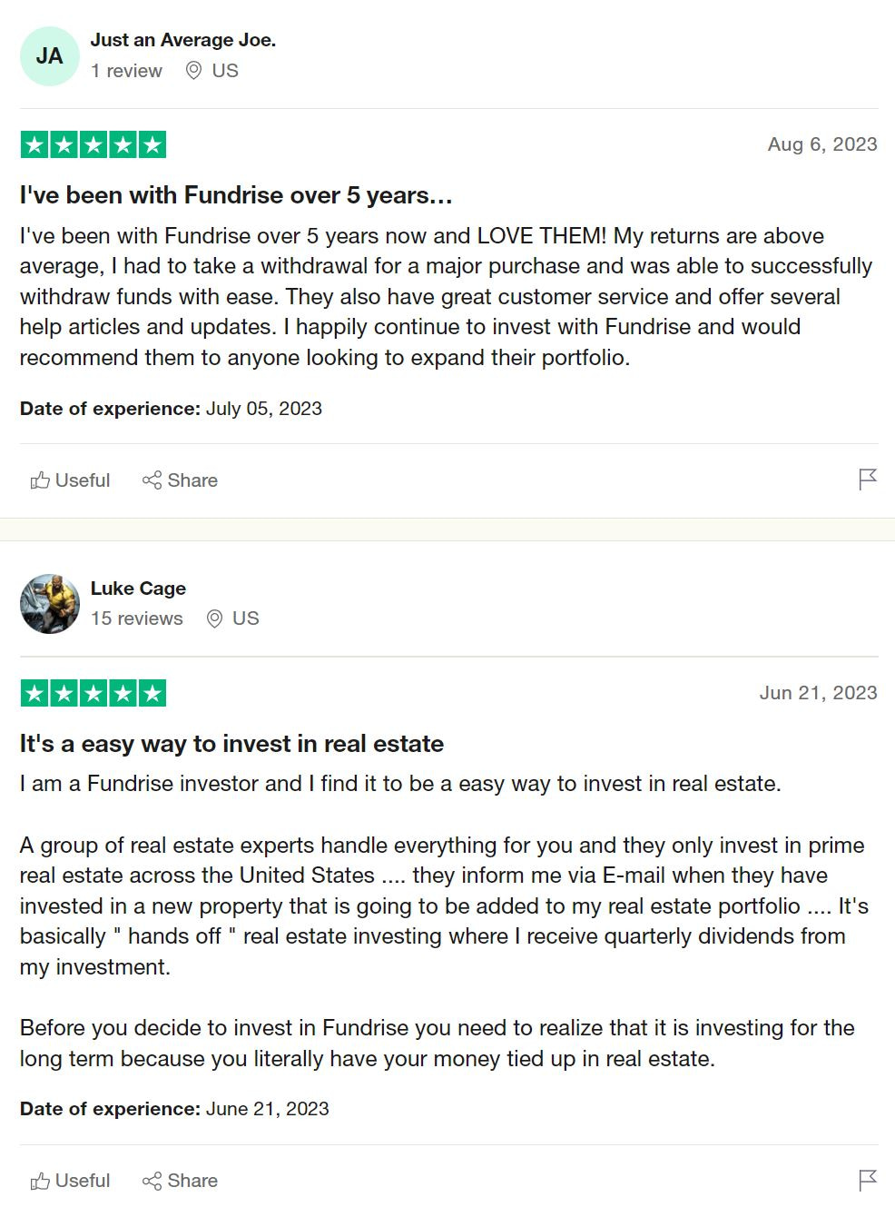 Fundrise positive reviews on Trustpilot