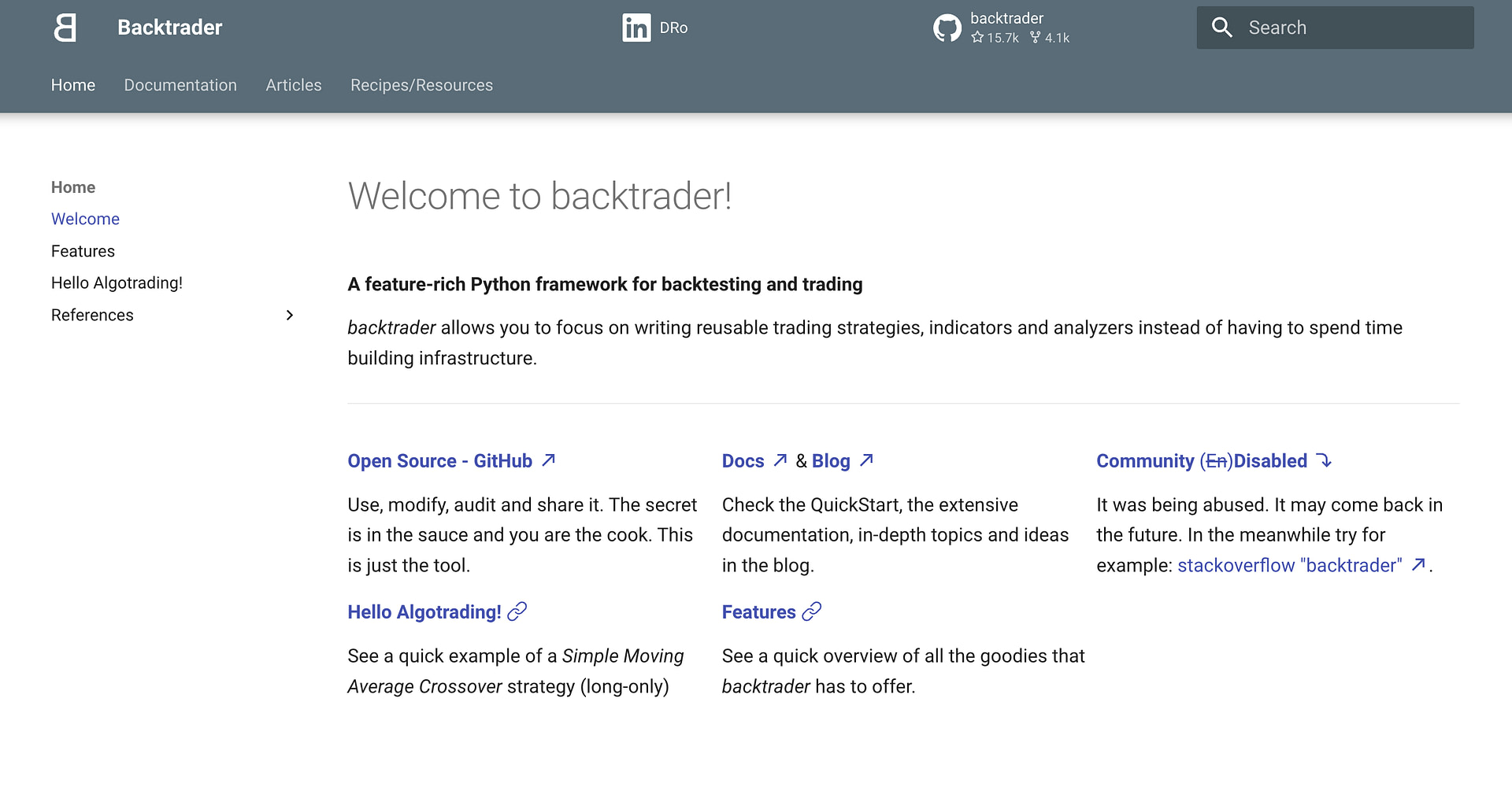 Backtrader homepage.