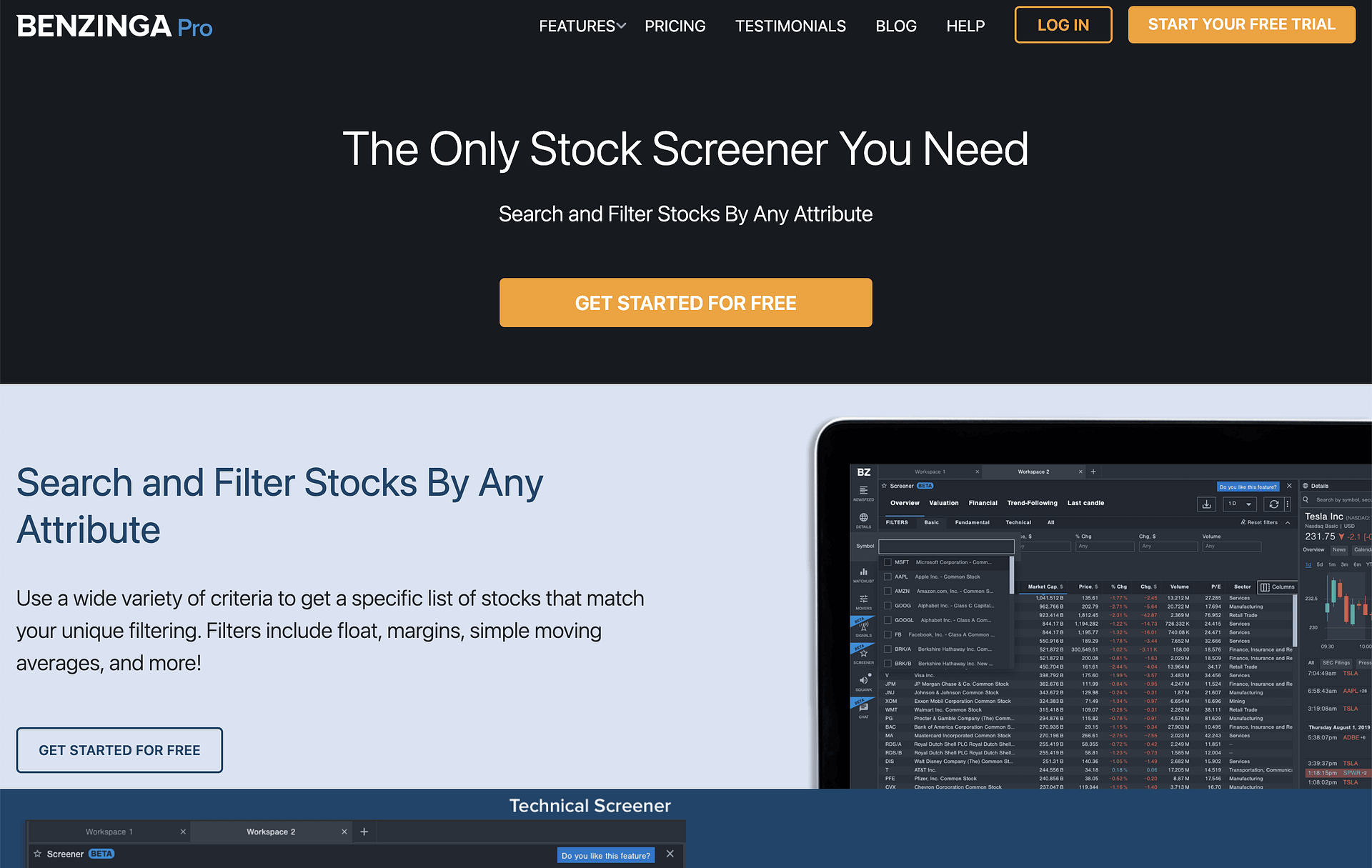 Benzinga Pro homepage.