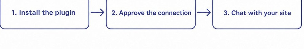 Flow card showing the connection steps: install the plugin, approve the connection, then chat with your site