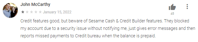 Sesame Cash user review complaining about a blocked account