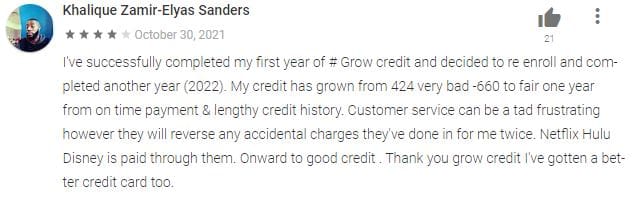 Grow Credit positive customer review