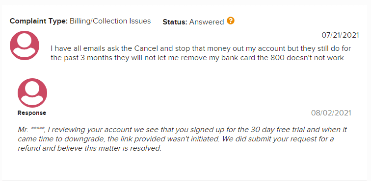 Customer complaint on ExtraCredit’s BBB page