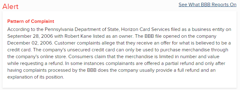 Horizon Card Services BBB alert